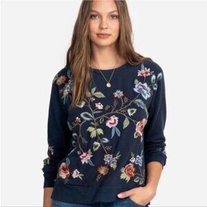 Johnny Was Renata Raglan Navy Crewneck Pullover Sweatshirt Embroidered Small